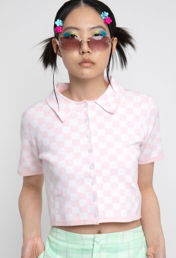 T-shirt en maille rose à manches courtes à carreaux 1