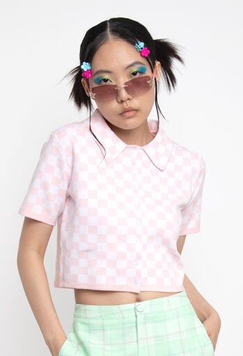 T-shirt en maille rose à manches courtes à carreaux 2