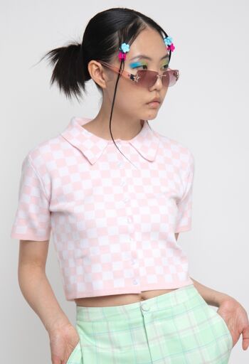 T-shirt en maille rose à manches courtes à carreaux 3
