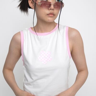 Camiseta sin mangas de flores de tablero de ajedrez blanco y rosa