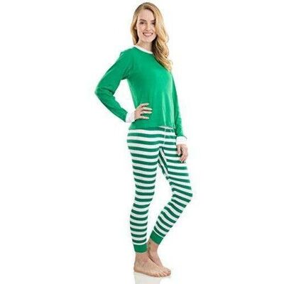 Adult Unisex  Green top & Green White Pants Pajama Set Cotton