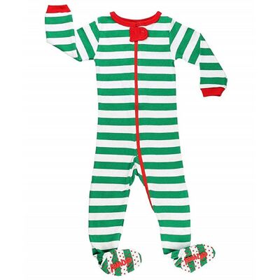Christmas Striped Unisex Green And White Footed Onesies Cotton Pyjama