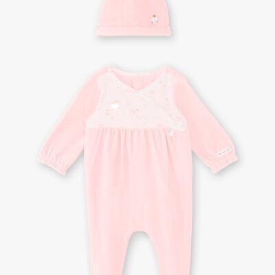 Dors bien en velours rose pâle et popeline imprimée et bonnet bébé fille