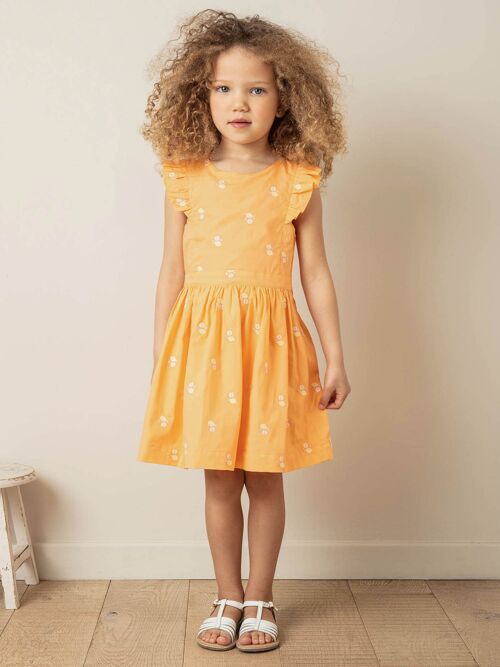 Robe orange à volants et broderies citrons enfant fille