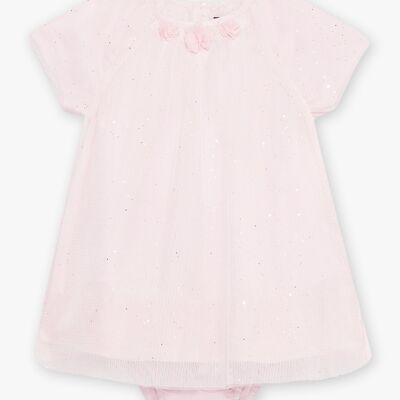 Robe rose pâle satin et tulle pailletée et bloomer bébé fille  6M