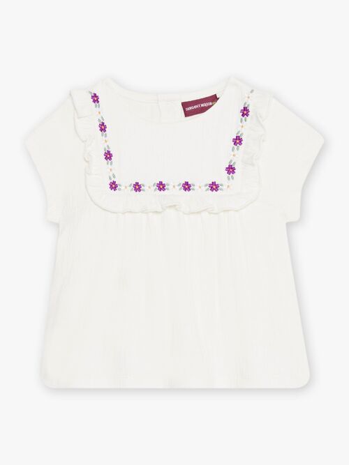 Blouse écrue à manches courtes bi-matière bébé fille