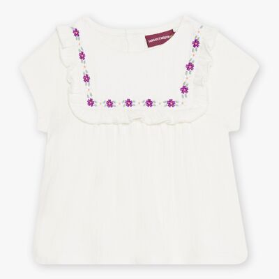 Blouse écrue à manches courtes bi-matière bébé fille