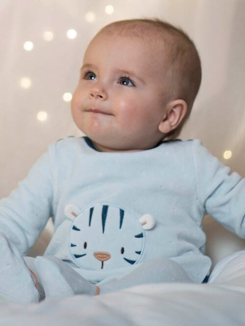Grenouillère velours bleu clair motif tigre bébé garçon