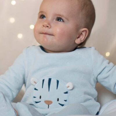 Grenouillère velours bleu clair motif tigre bébé garçon