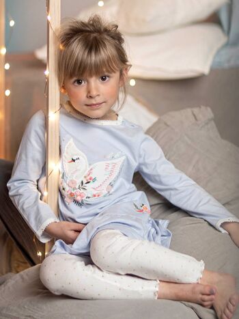 Robe de chambre cygne en jersey bleu et legging à pois enfant fille 3A 1