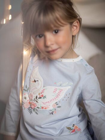 Robe de chambre cygne en jersey bleu et legging à pois enfant fille 3A 2