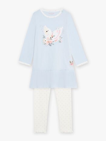 Robe de chambre cygne en jersey bleu et legging à pois enfant fille 3A 3