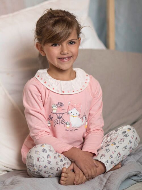 Ensemble pyjama T-shirt et pantalon rose clair motif chat enfant fille