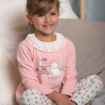 Ensemble pyjama T-shirt et pantalon rose clair motif chat enfant fille