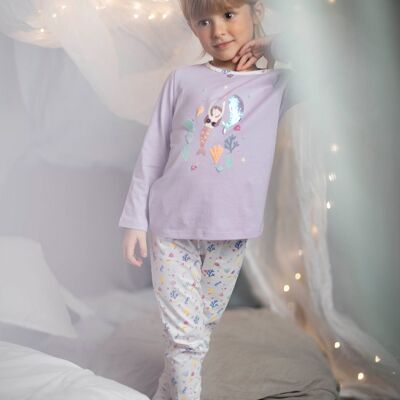 Ensemble pyjama lavande motif sirène et poissons enfant fille