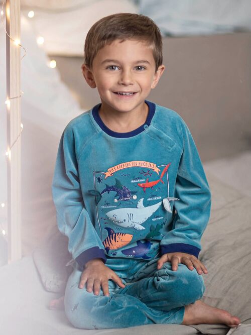 Pyjama requin en velours bleu turquoise enfant garçon