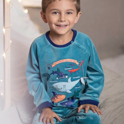 Pyjama requin en velours bleu turquoise enfant garçon