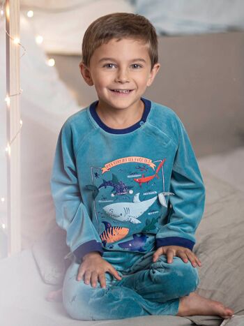 Pyjama requin en velours bleu turquoise enfant garçon  6A 1