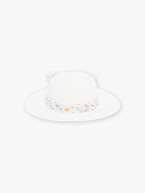 Chapeau effet paille blanc avec bande imprimée fleuri et n?ud enfant fille