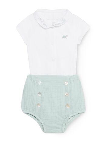 Ensemble body écru à col et bloomer vert naissance mixte  6M 3