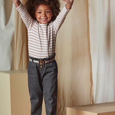 Jean denim gris paperbag et ceinture rayée enfant fille