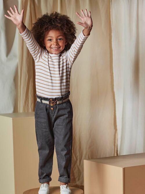 Jean denim gris paperbag et ceinture rayée enfant fille  8+