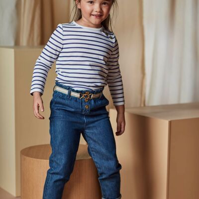 Jean denim moyen paperbag et ceinture rayée enfant fille