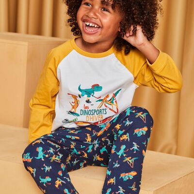 Pyjama en jersey jaune et bleu marine à motifs dinosaures sportifs