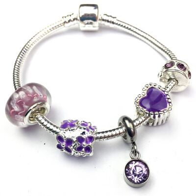 Children's 'June Birthstone' Amethyst Coloured Crystal Silver Plated Charm Bead Bracelet 18cm