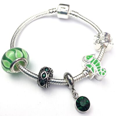 Children's 'May Birthstone' Emerald Coloured Crystal Silver Plated Charm Bead Bracelet 15cm