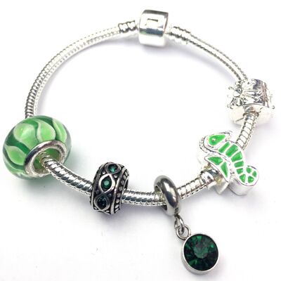 Children's 'May Birthstone' Emerald Coloured Crystal Silver Plated Charm Bead Bracelet 17cm