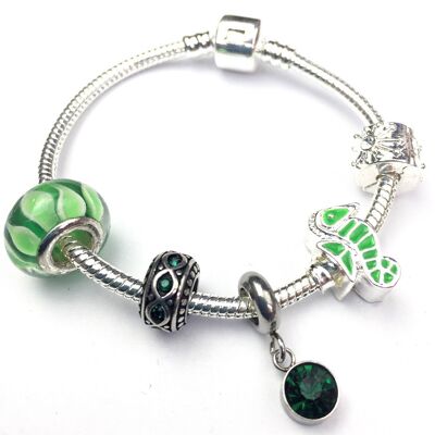 Children's 'May Birthstone' Emerald Coloured Crystal Silver Plated Charm Bead Bracelet 18cm