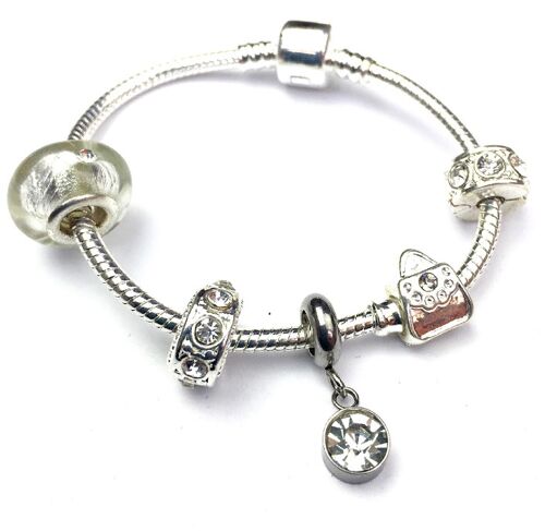 Children's 'April Birthstone' Diamond Coloured Crystal Silver Plated Charm Bead Bracelet 15cm