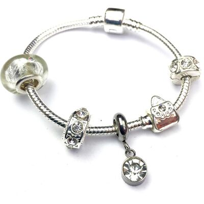 Bracelet Enfant 'April Birthstone' Diamant Couleur Cristal Plaqué Argent Charm Perle 15cm