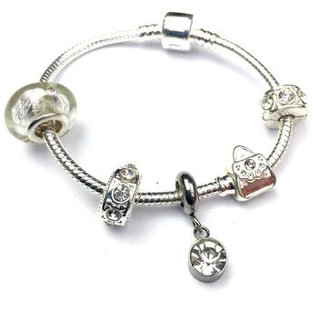 Bracelet Enfant 'April Birthstone' Diamant Couleur Cristal Plaqué Argent Charm Perle 15cm