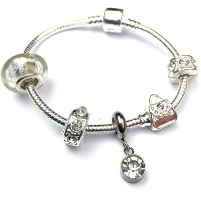 Children's 'April Birthstone' Diamond Coloured Crystal Silver Plated Charm Bead Bracelet 18cm