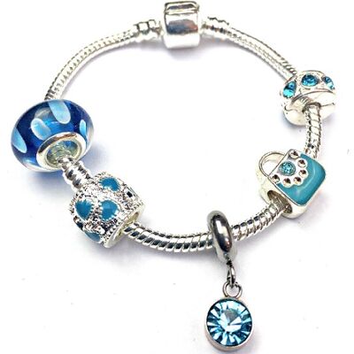 Bracelet enfant 'Mars Birthstone' Aqua Colored Crystal Plaqué Argent Charm Bead 15cm