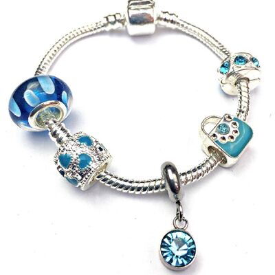 Bracelet enfant 'Mars Birthstone' Aqua Colored Crystal Plaqué Argent Charm Bead 15cm