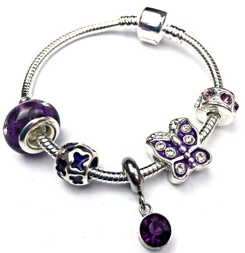 Children's 'February Birthstone' Amethyst Coloured Crystal Silver Plated Charm Bead Bracelet 17cm