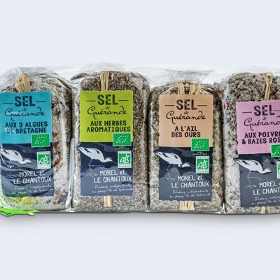 Discovery quartet of our certified ORGANIC flavored IGP Guérande salts