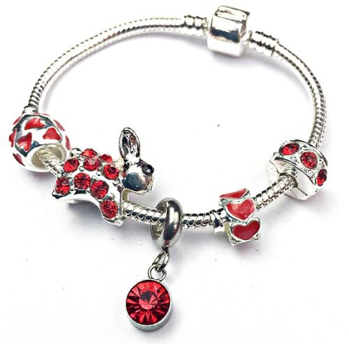 Children's 'January Birthstone' Red Garnet Coloured Crystal Silver Plated Charm Bead Bracelet 15cm