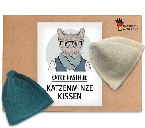 2 Katzenminze-Kissen aus 100% Schurwolle mit Premium-Katzenminze. In Deutschland von Hand und mit Liebe gefertigt.