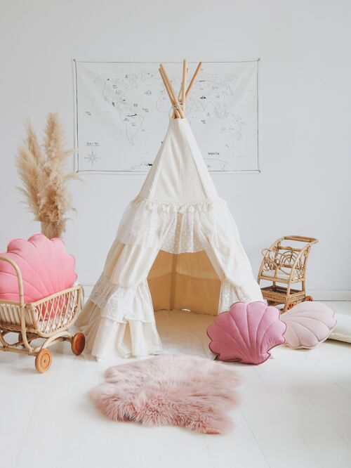 “Shabby Chic” Teepee with Frills and leaf mat "White"
