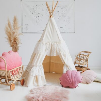 Tipi “Shabby Chic” con volantes y estera de hojas "Blanco"