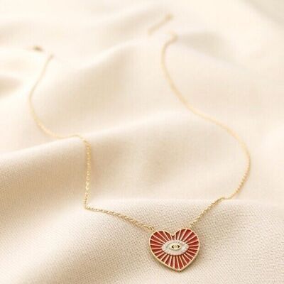 Red Evil Eye Heart Pendant Necklace in Gold