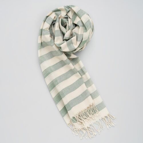 Soft handwoven cotton scarf, green-white stripes