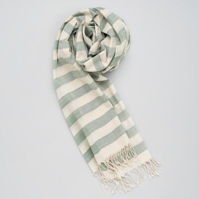 Soft handwoven cotton scarf, green-white stripes