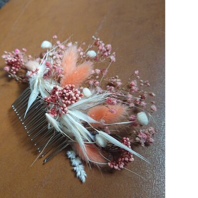 Hair comb, dried flower comb - pink, white dried flowers