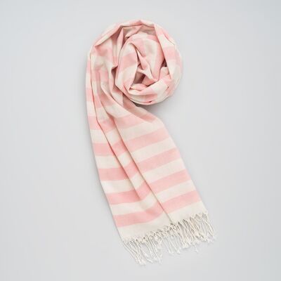 Bufanda de suave algodón tejido a mano, rayas rosa-blancas