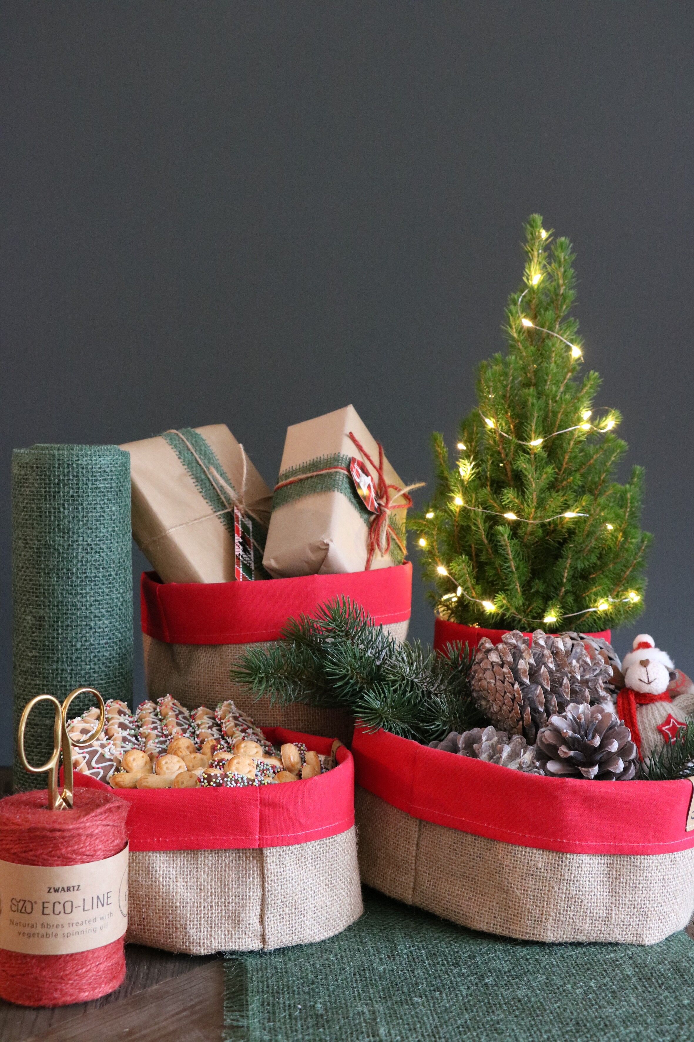 SIZO Borsa in juta con bordo in lino rosso Ø25 x H10 cm